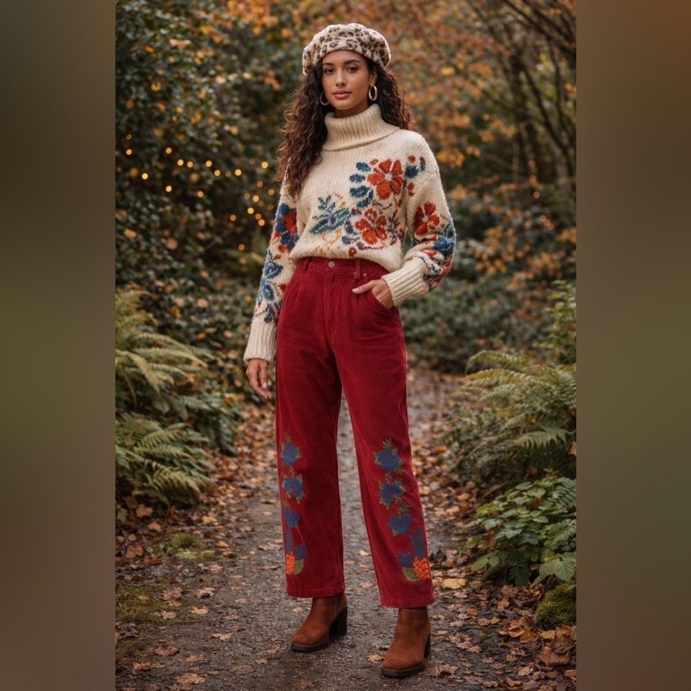 FARM Rio Burgundy Corduroy Straight-Leg Pants with Floral Embroidery